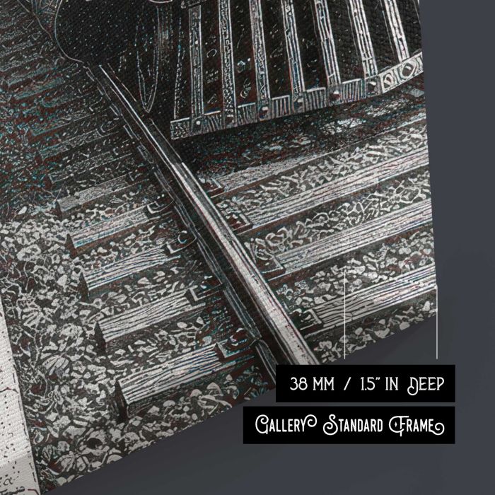 Vintage steam train station fantasy canvas print, canvas surface and edge detail