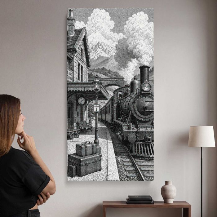 Vintage steam train station fantasy canvas print, interior display view