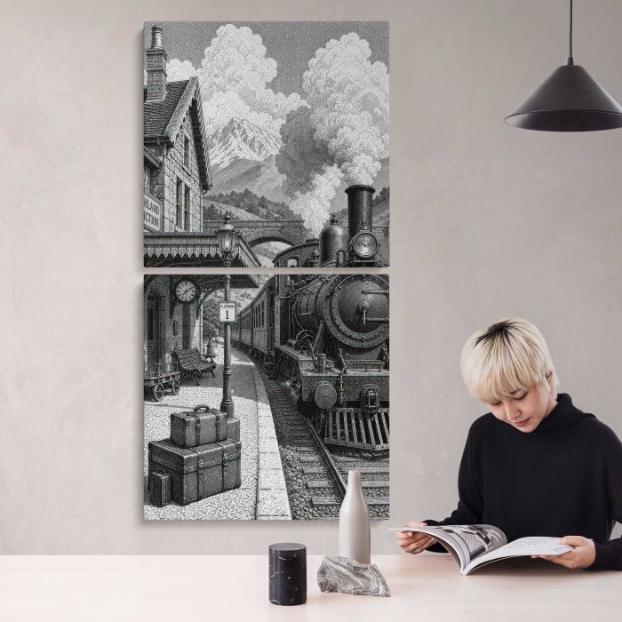 Vintage steam train station fantasy canvas print, interior display view