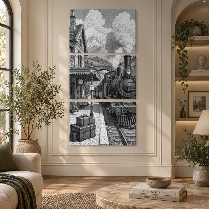 Vintage steam train station fantasy canvas print, interior display view