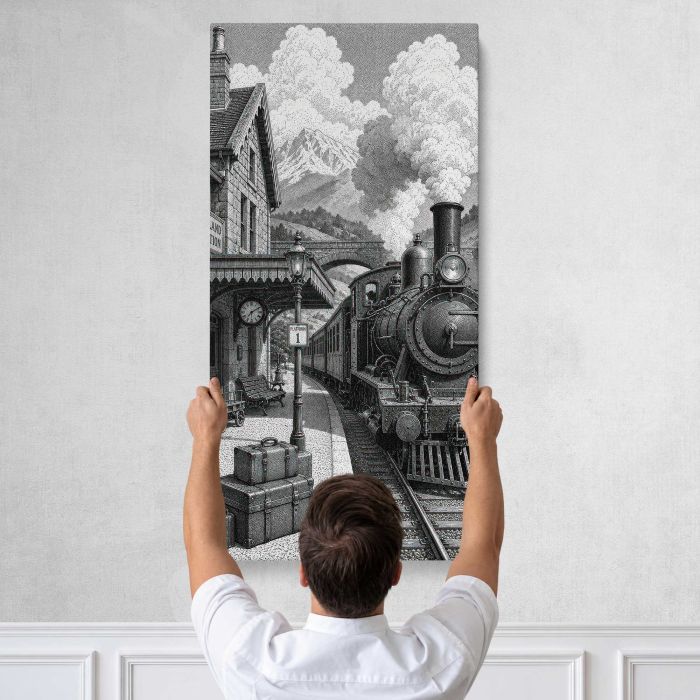 Vintage steam train station fantasy canvas print, tall canvas held against a wall
