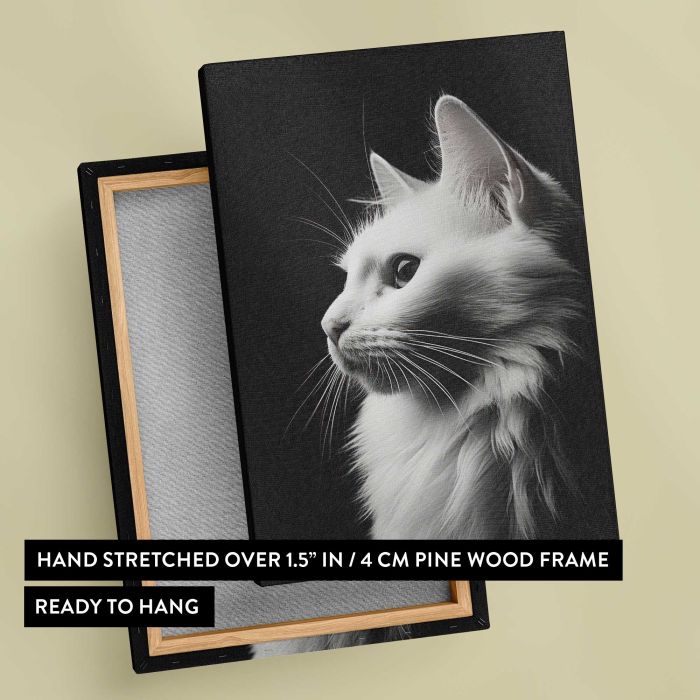White Cat in Monochrome canvas print, canvas reverse and frame view