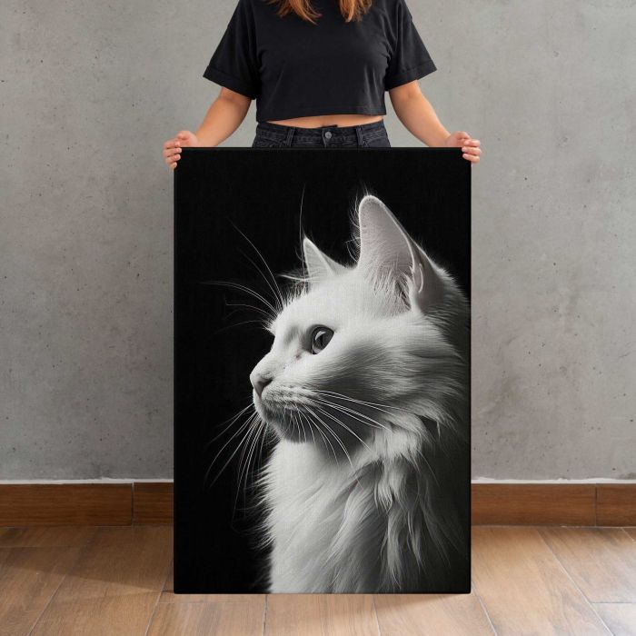 White Cat in Monochrome canvas print, canvas shown with a person for scale
