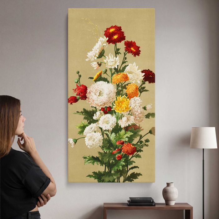 White & red chrysanthemums by Ellen Thayer Fisher canvas print, interior display view