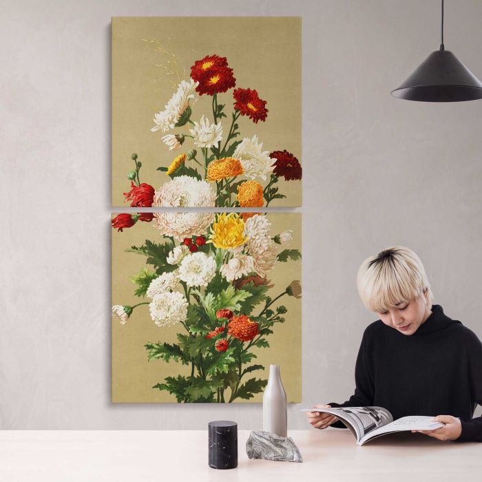 White & red chrysanthemums by Ellen Thayer Fisher canvas print, interior display view