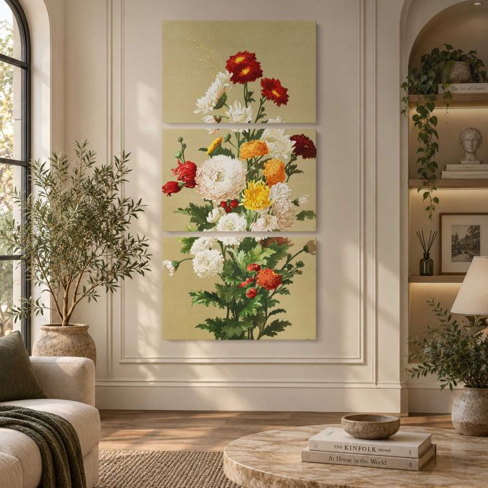 White & red chrysanthemums by Ellen Thayer Fisher canvas print, interior display view