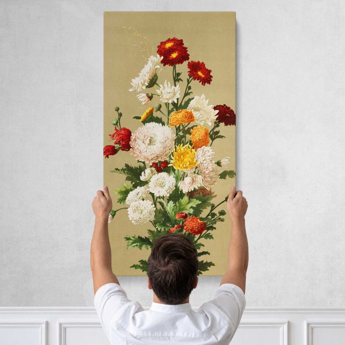 White & red chrysanthemums by Ellen Thayer Fisher canvas print, tall canvas held against a wall