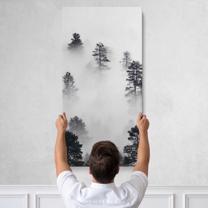 Winter Landscape in Black and White canvas print, tall canvas held against a wall