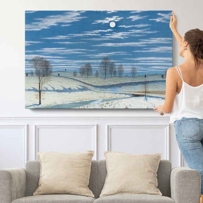 Winter Scene in Moonlight (1869) watercolor by Henry Farrer canvas print, canvas shown with a person for scale