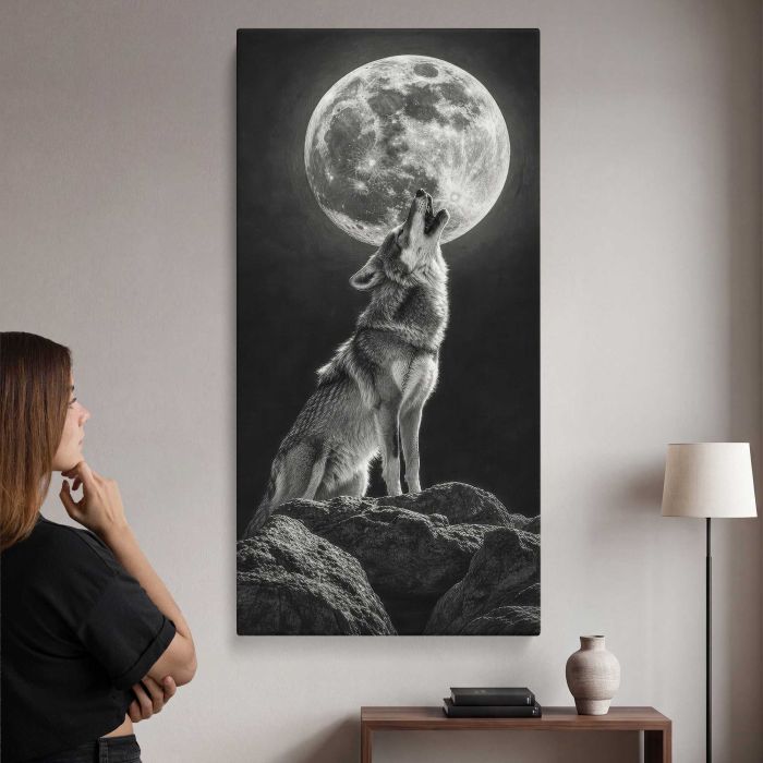 Wolf Howling at a Full Moon canvas print, interior display view