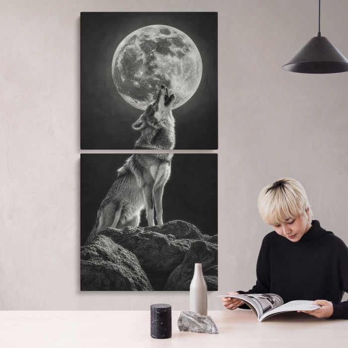 Wolf Howling at a Full Moon canvas print, interior display view
