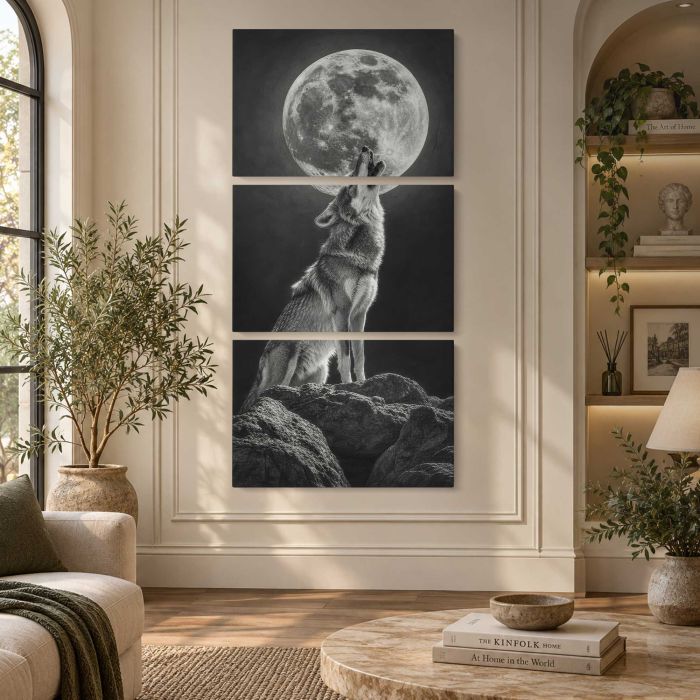 Wolf Howling at a Full Moon canvas print, interior display view