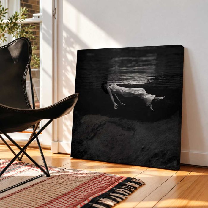 Woman in a Long Gown Floating Underwater canvas print, interior display view