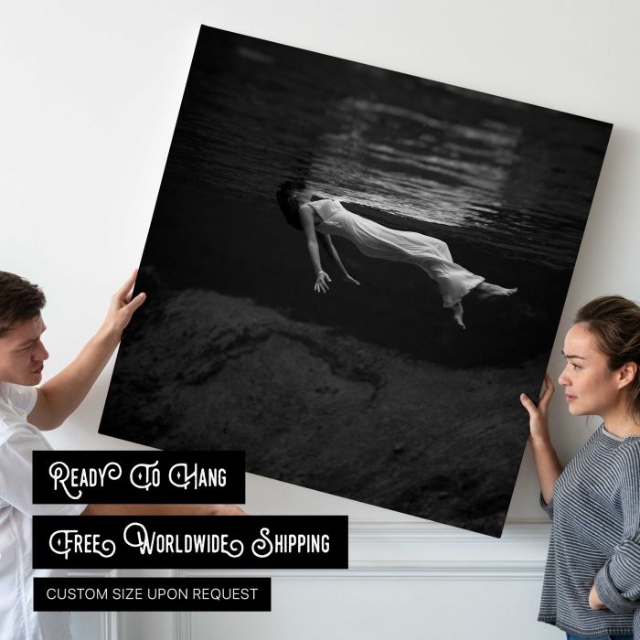 Woman in a Long Gown Floating Underwater canvas print, interior display view