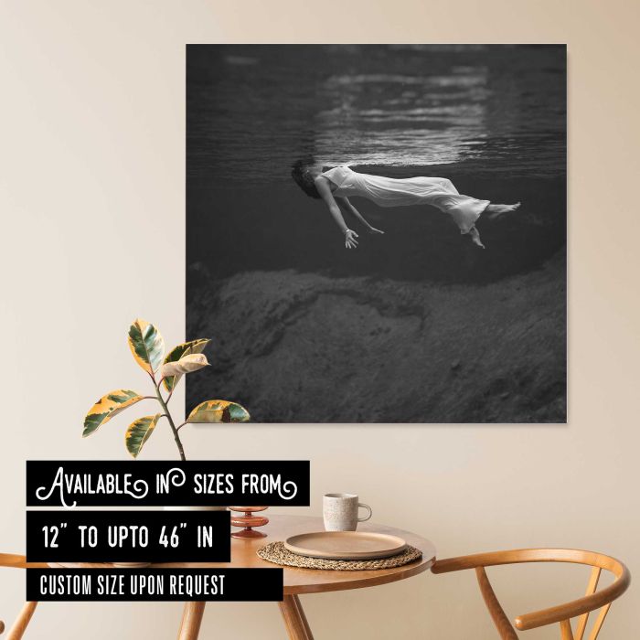 Woman in a Long Gown Floating Underwater canvas print, interior display view