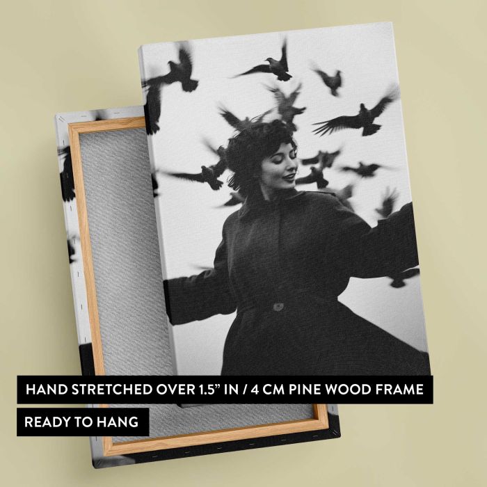 Woman in a Vintage Coat with Birds canvas print, canvas reverse and frame view