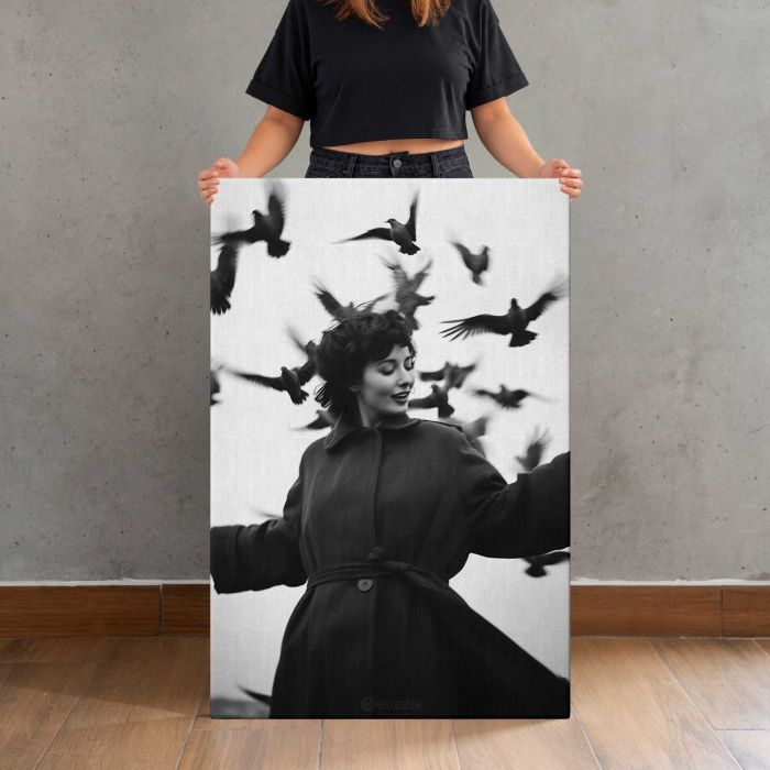 Woman in a Vintage Coat with Birds canvas print, canvas shown with a person for scale