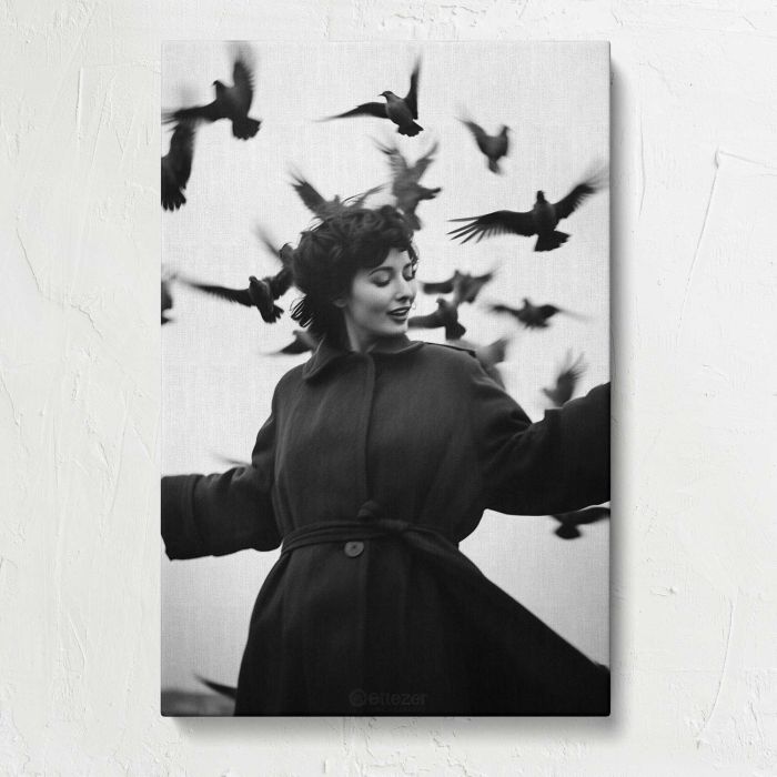 Woman in a Vintage Coat with Birds canvas print, front canvas view