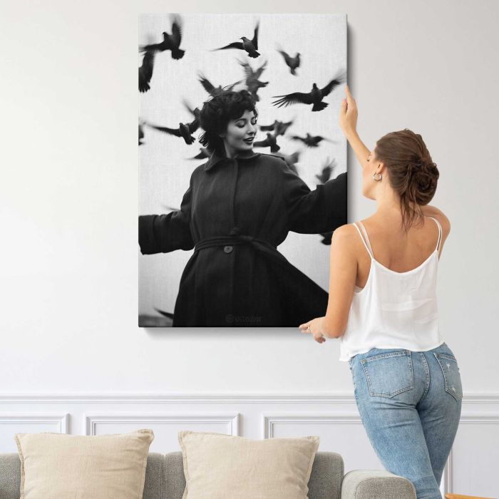 Woman in a Vintage Coat with Birds canvas print, interior display view