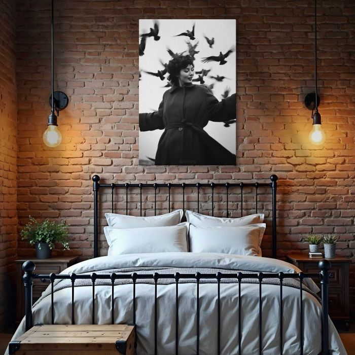 Woman in a Vintage Coat with Birds canvas print, interior display view