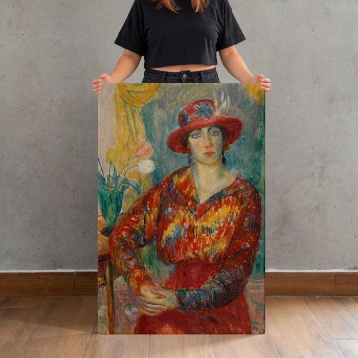 Woman in Red Blouse with Tulips by William James Glackens canvas print, canvas shown with a person for scale