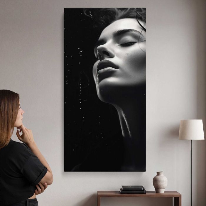 Woman in the Rain in Monochrome canvas print, interior display view