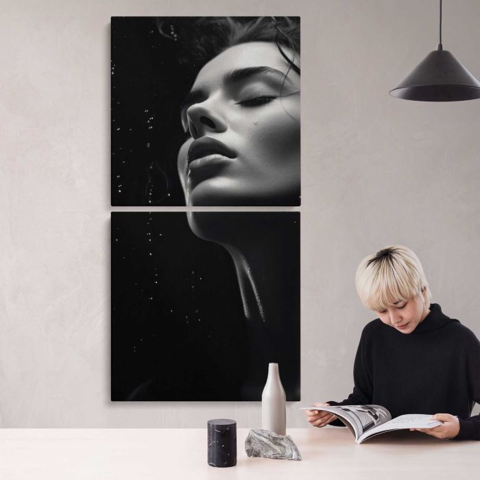 Woman in the Rain in Monochrome canvas print, interior display view