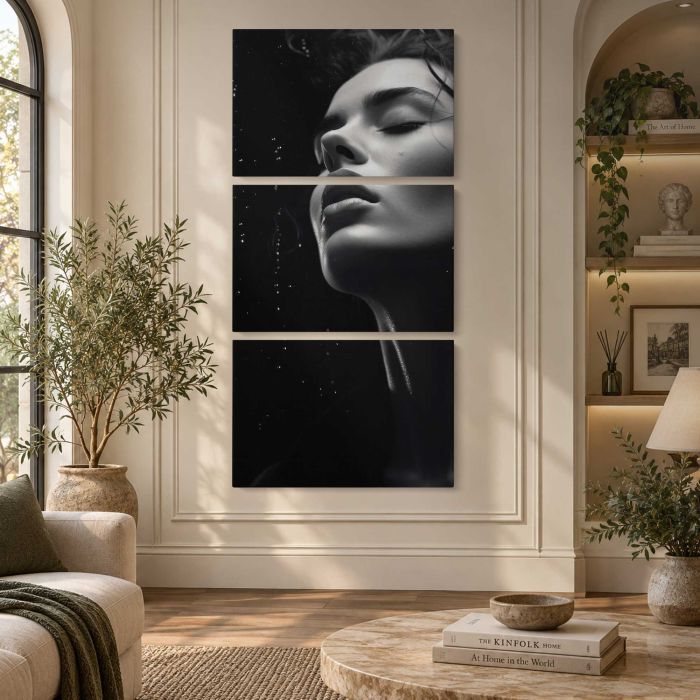 Woman in the Rain in Monochrome canvas print, interior display view