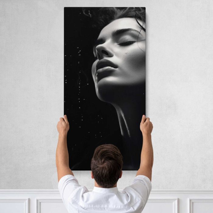 Woman in the Rain in Monochrome canvas print, tall canvas held against a wall