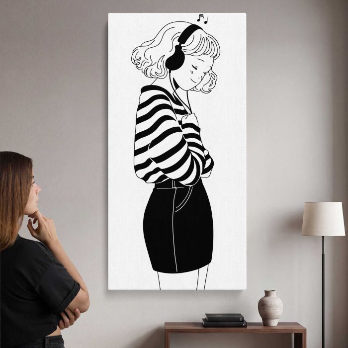 Woman with Headphones Illustration canvas print, interior display view