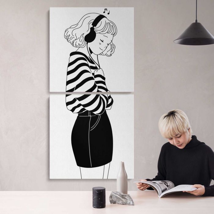 Woman with Headphones Illustration canvas print, interior display view