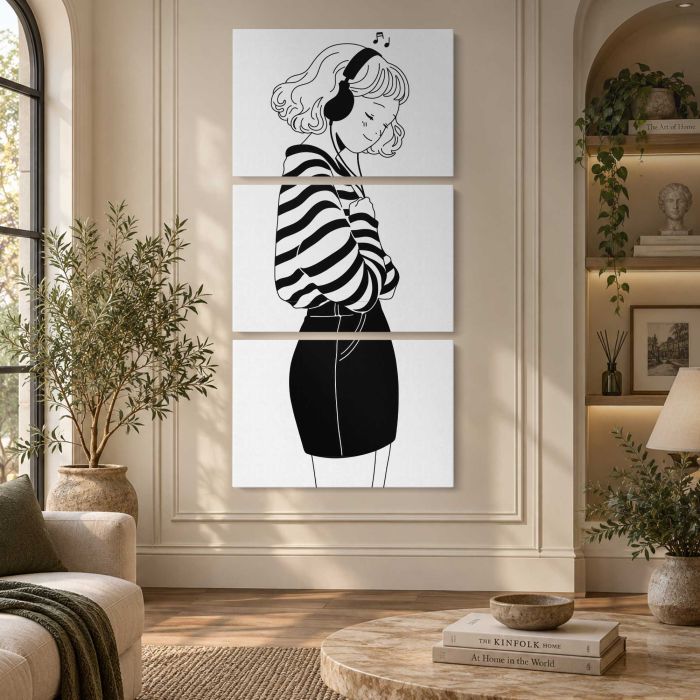 Woman with Headphones Illustration canvas print, interior display view