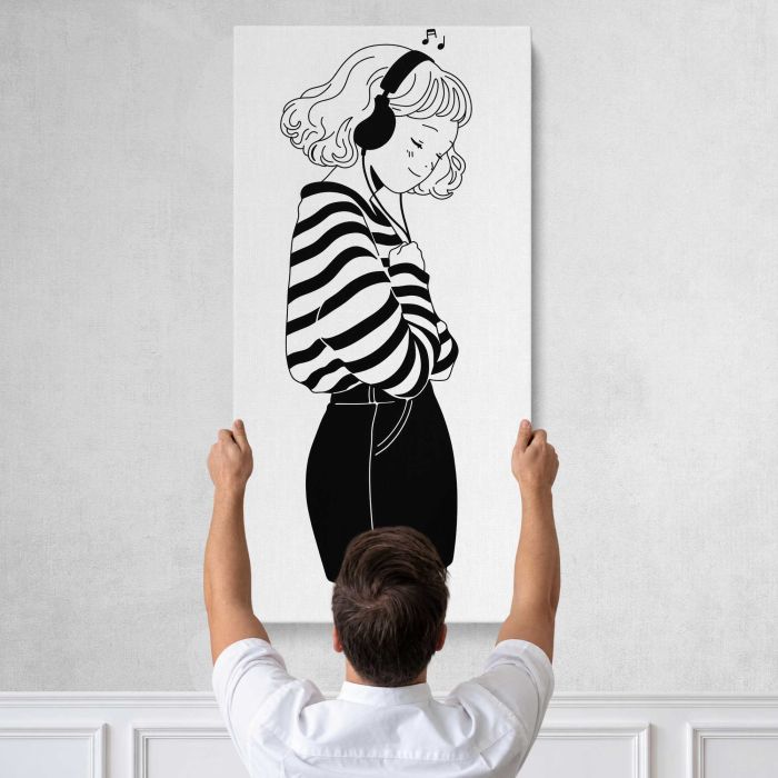 Woman with Headphones Illustration canvas print, tall canvas held against a wall