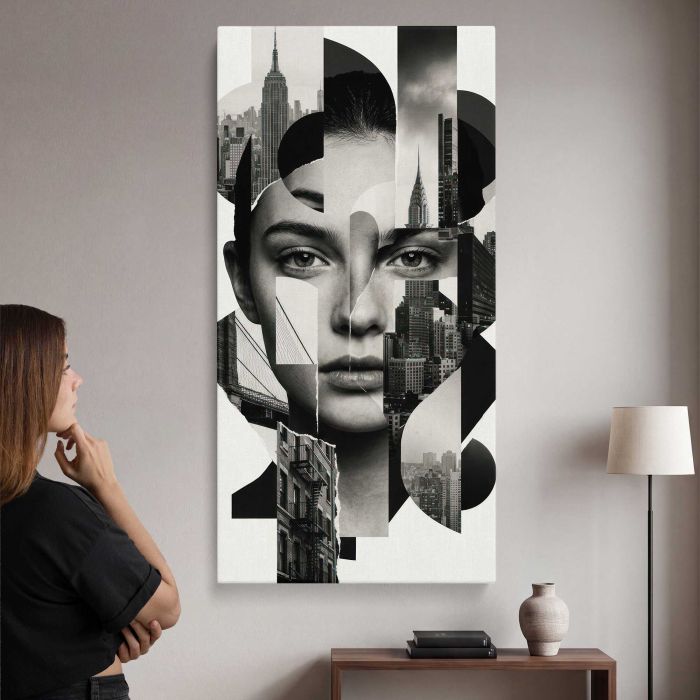 Woman’s Face Merged with Cityscapes canvas print, interior display view