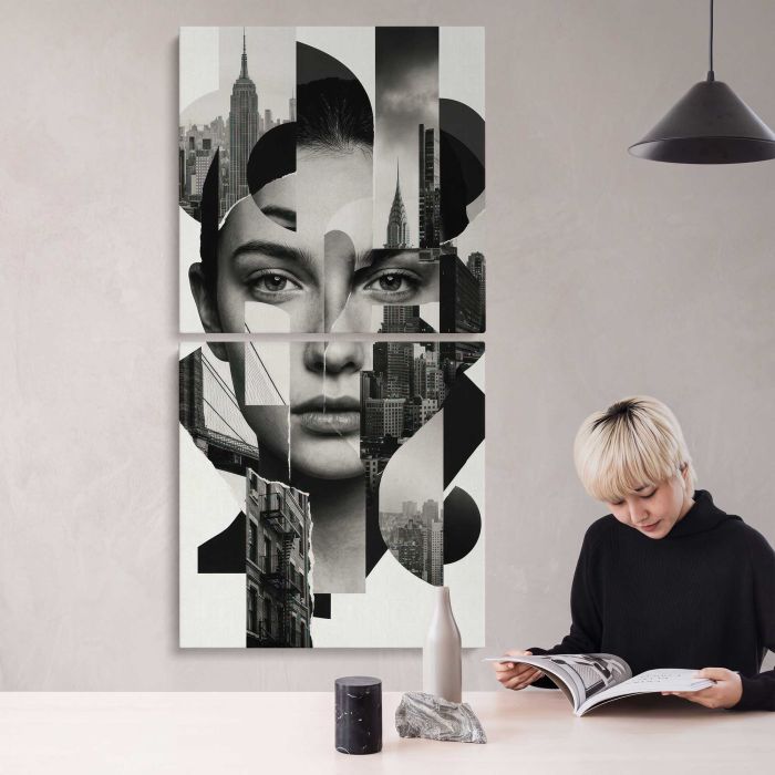 Woman’s Face Merged with Cityscapes canvas print, interior display view