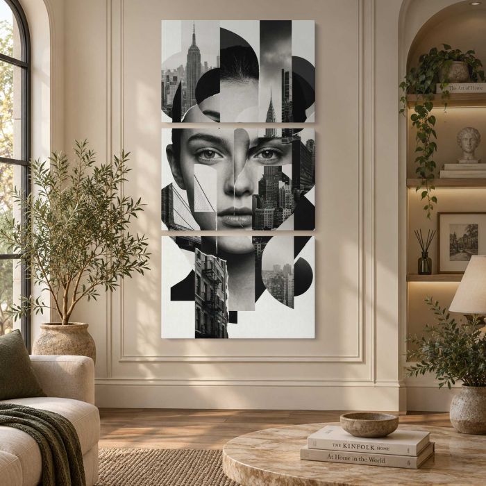 Woman’s Face Merged with Cityscapes canvas print, interior display view
