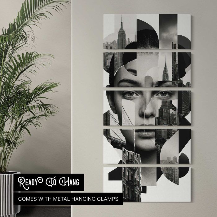 Woman’s Face Merged with Cityscapes canvas print, interior display view