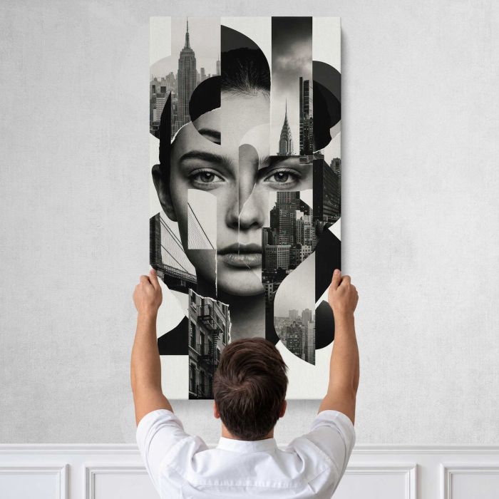 Woman’s Face Merged with Cityscapes canvas print, tall canvas held against a wall