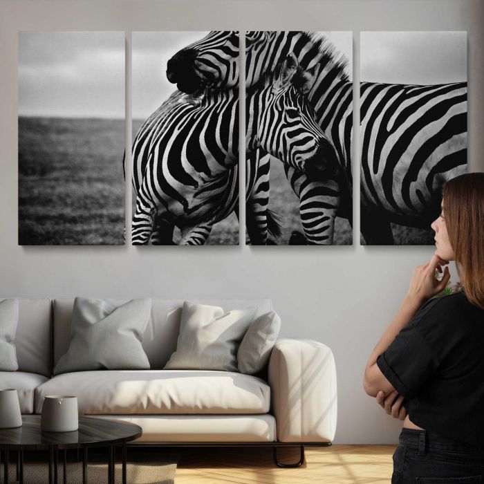 Zebras in Black and White canvas print, interior display view
