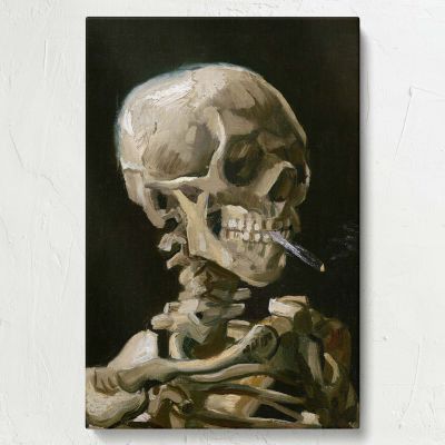 Head of a Skeleton with a Burning Cigarette by Van Gogh - Dark Humour Skull Art 