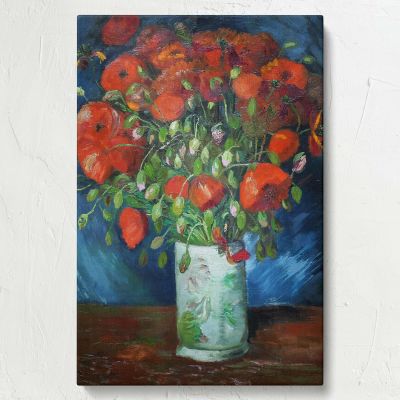 Vase with Poppies - Red Flowers in Green Vase on Dark Table By Vincent van Gogh 