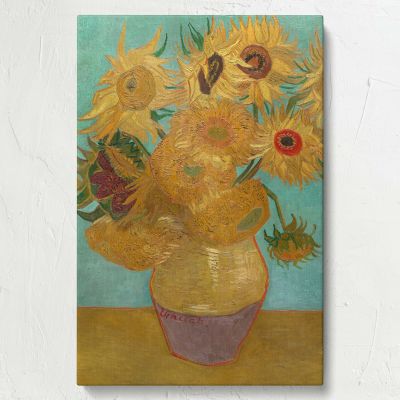Vase with Twelve Sunflowers - Yellow and Turquoise Floral Painting By Vincent van Gogh 