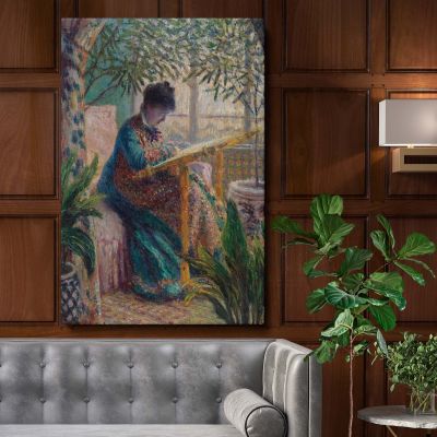 Madame Monet Embroidering - Peaceful Domestic Scene By Claude Monet 