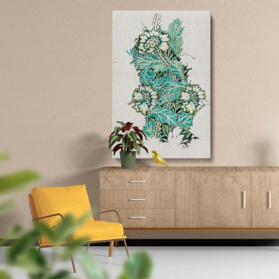 Anemone - Teal Green and Cream Floral Fabric Art By William Morris 