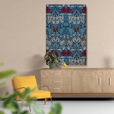 Tulip and Rose - Blue and Red Woven Fabric Artwork By William Morris 