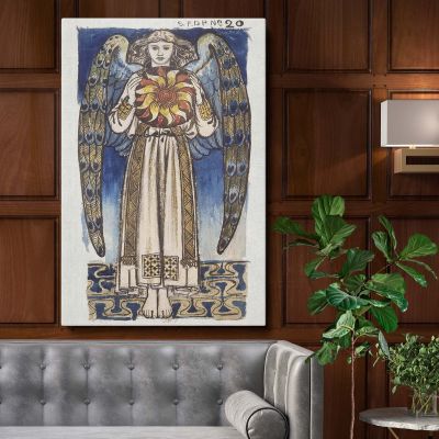 Day Angel Holding a Sun - Celestial Blue and Gold Artwork By William Morris 
