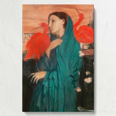 Young Woman with Ibis - Elegant Red & Teal Portrait By Edgar Degas 