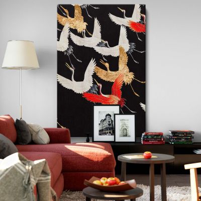 Flying Cranes - Japanese Gold Red White Bird Art