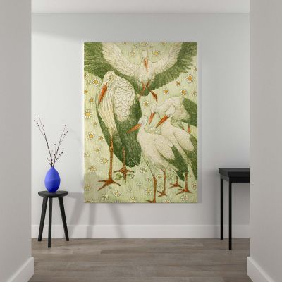 Five Storks in a Meadow - Vintage Birds with Daisies By Theo van Hoytema 