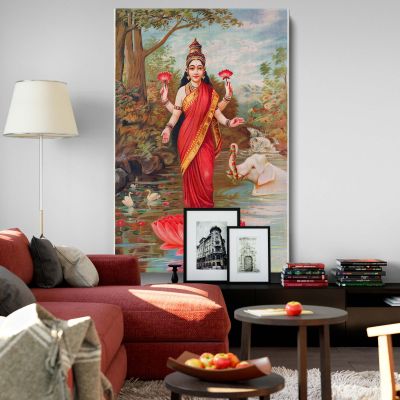 Lakshmi Standing on Lotus - Hindu Goddess of Wealth By Raja Ravi Varma 